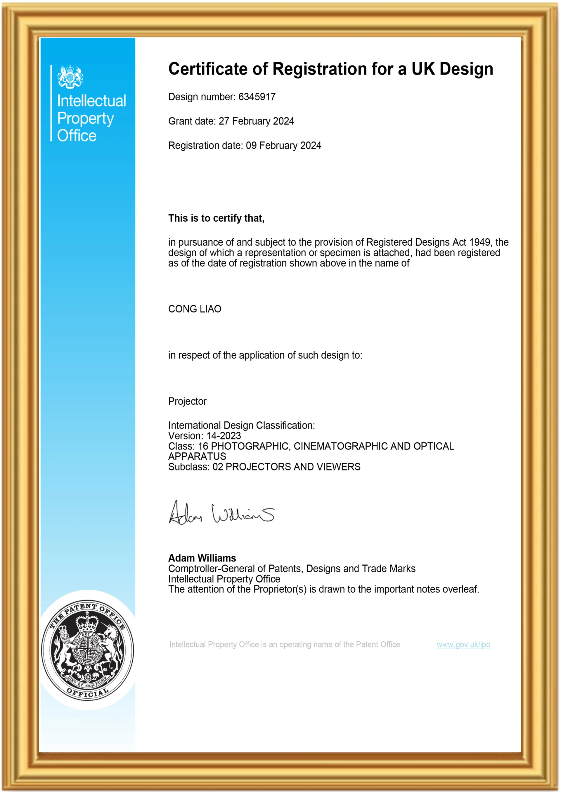 Copyright and ADM Patent Certificates